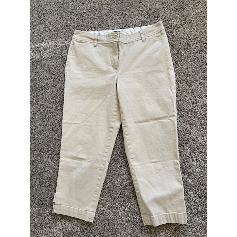 Talbots Perfect Crop Pants Size 8P Tan Beige Button Hem Accent Chino Cropped